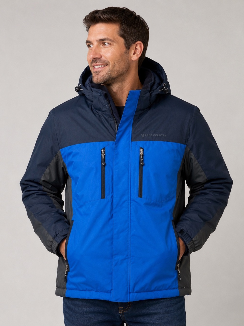 Free Country Jacket Men’s L FreeCycle Trifecta Hooded Insulated Blue Black